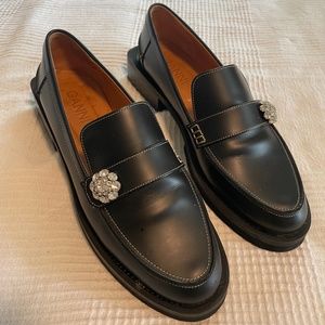 Ganni crystal-button leather loafers